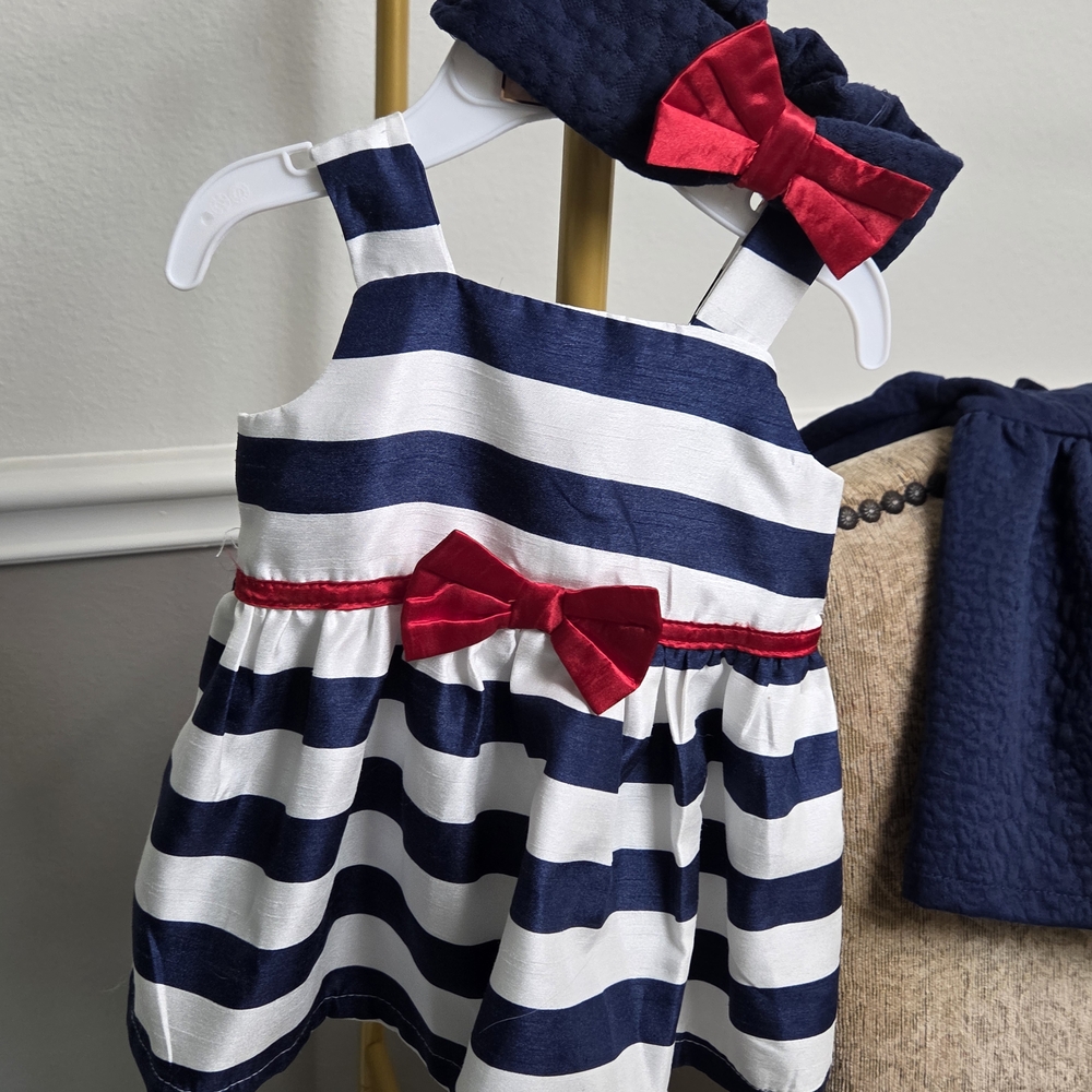 Navy and White Striped Baby Dress with Red Accents And Petticoat